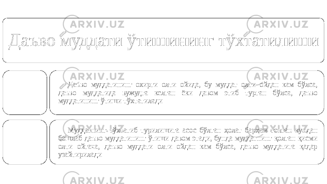 Даъво муддати ўтишининг тўхтатилиши Даъво муддатининг охирги олти ойида, бу муддат олти ойдан кам бўлса, даъво муддатида вужудга келган ёки давом этиб турган бўлса, даъво муддатининг ўтиши тўхтатилади Муддатнинг тўхтатиб турилишига асос бўлган ҳолат барҳам топган кундан бошлаб даъво муддатининг ўтиши давом этади, бунда муддатнинг қолган қисми олти ойгача, даъво муддати олти ойдан кам бўлса, даъво муддатига қадар узайтирилади 