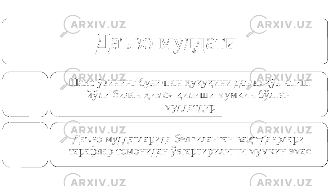 Даъво муддати Шахс ўзининг бузилган ҳуқуқини даъво қўзғатиш йўли билан ҳимоя қилиши мумкин бўлган муддатдир Даъво муддатларида белгиланган вақт даврлари тарафлар томонидан ўзгартирилиши мумкин эмас 