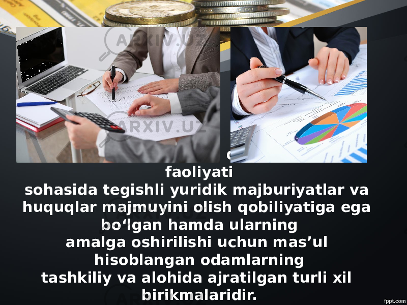 2. Jamoa subyektlari — davlat moliyaviy faoliyati sohasida tegishli yuridik majburiyatlar va huquqlar majmuyini olish qobiliyatiga ega bo‘lgan hamda ularning amalga oshirilishi uchun mas’ul hisoblangan odamlarning tashkiliy va alohida ajratilgan turli xil birikmalaridir. 