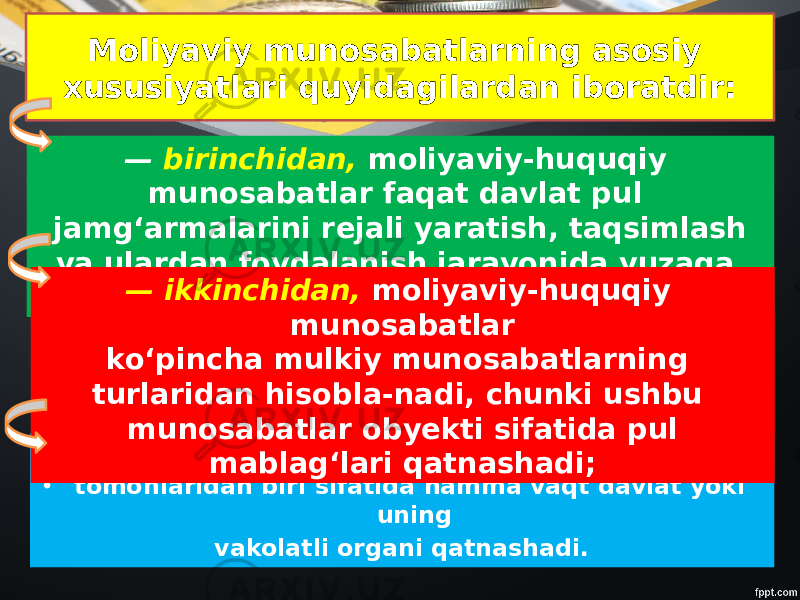 Moliyaviy munosabatlarning asosiy xususiyatlari quyidagilardan iboratdir: — uchinchidan, moliyaviy-huquqiy munosabatlar • tomonlaridan biri sifatida hamma vaqt davlat yoki uning vakolatli organi qatnashadi.— birinchidan, moliyaviy-huquqiy munosabatlar faqat davlat pul jamg‘armalarini rejali yaratish, taqsimlash va ulardan foydalanish jarayonida yuzaga keladi;— ikkinchidan, moliyaviy-huquqiy munosabatlar ko‘pincha mulkiy munosabatlarning turlaridan hisobla-nadi, chunki ushbu munosabatlar obyekti sifatida pul mablag‘lari qatnashadi; 