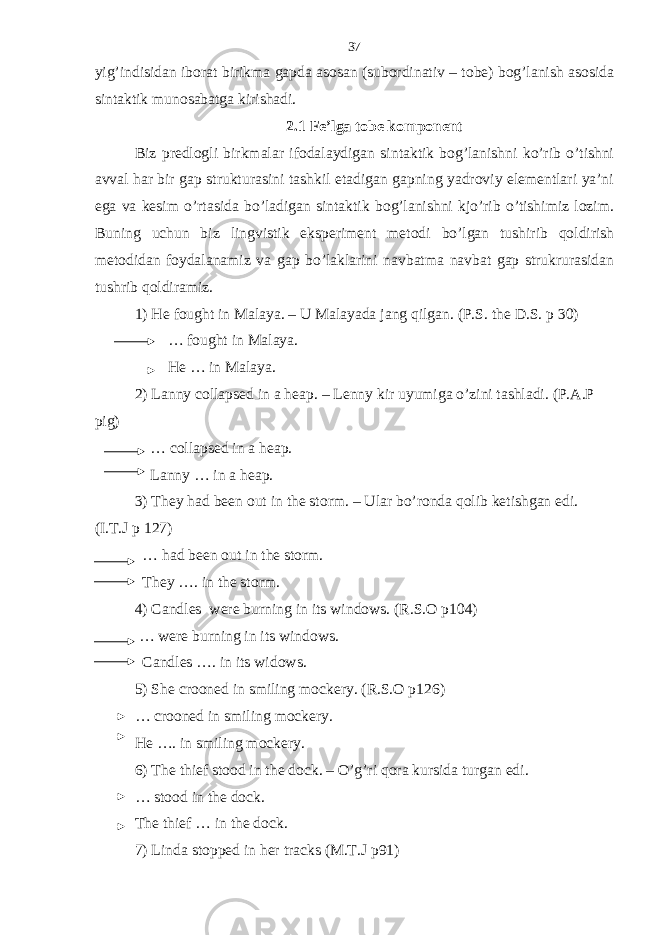 yig’indisidan iborat birikma gapda asosan (subordinativ – tobe) bog’lanish asosida sintaktik munosabatga kirishadi. 2.1 Fe’lga tobe komponent Biz predlogli birkmalar ifodalaydigan sintaktik bog’lanishni ko’rib o’tishni avval har bir gap strukturasini tashkil etadigan gapning yadroviy elementlari ya’ni ega va kesim o’rtasida bo’ladigan sintaktik bog’lanishni kjo’rib o’tishimiz lozim. Buning uchun biz lingvistik eksperiment metodi bo’lgan tushirib qoldirish metodidan foydalanamiz va gap bo’laklarini navbatma navbat gap strukrurasidan tushrib qoldiramiz. 1) He fought in Malaya. – U Malayada jang qilgan. (P.S. the D.S. p 30) … fought in Malaya. He … in Malaya. 2) Lanny collapsed in a heap. – Lenny kir uyumiga o’zini tashladi. (P.A.P pig) … collapsed in a heap. Lanny … in a heap. 3) They had been out in the storm. – Ular bo’ronda qolib ketishgan edi. (I.T.J p 127) … had been out in the storm. They …. in the storm. 4) Candles were burning in its windows. (R.S.O p104) … were burning in its windows. Candles …. in its widows. 5) She crooned in smiling mockery. (R.S.O p126) … с rooned in smiling mockery. He …. in smiling mockery. 6) The thief stood in the dock. – O’g’ri qora kursida turgan edi. … stood in the dock. The thief … in the dock. 7) Linda stopped in her tracks (M.T.J p91) 37 