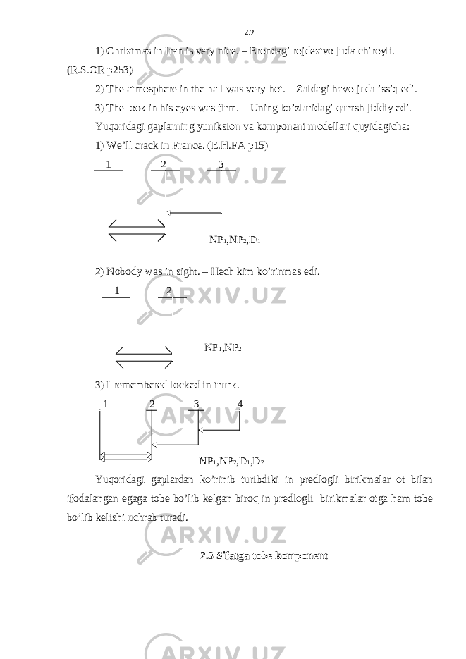 1) Christmas in Iran is very nice. – Erondagi rojdestvo juda chiroyli. (R.S.OR p253) 2) The atmosphere in the hall was very hot. – Zaldagi havo juda issiq edi. 3) The look in his eyes was firm. – Uning ko’zlaridagi qarash jiddiy edi. Yuqoridagi gaplarning yuniksion va komponent modellari quyidagicha: 1) We’ll crack in France. (E.H.FA p15) 1 2 3 NP 1 ,NP 2 ,D 1 2) Nobody was in sight. – Hech kim ko’rinmas edi. 1 2 NP 1 ,NP 2 3) I remembered locked in trunk. 1 2 3 4 NP 1 ,NP 2 ,D 1 ,D 2 Yuqoridagi gaplardan ko’rinib turibdiki in predlogli birikmalar ot bilan ifodalangan egaga tobe bo’lib kelgan biroq in predlogli birikmalar otga ham tobe bo’lib kelishi uchrab turadi. 2.3 Sifatga tobe komponent 42 