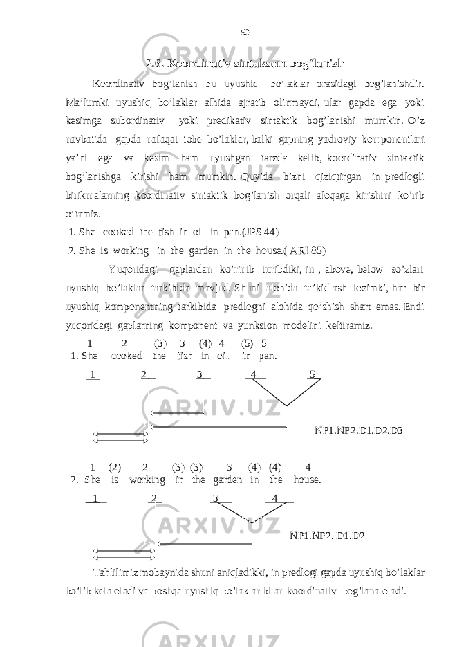 2.6. Ko o rdinativ sintaksem bog’lanish Koordinativ bog’lanish bu uyushiq bo’laklar orasidagi bog’lanishdir. Ma’lumki uyushiq bo’laklar alhida ajratib olinmaydi, ular gapda ega yoki kesimga subordinativ yoki predikativ sintaktik bog’lanishi mumkin. O’z navbatida gapda nafaqat tobe bo’laklar, balki gapning yadroviy komponentlari ya’ni ega va kesim ham uyushgan tarzda kelib, koordinativ sintaktik bog’lanishga kirishi ham mumkin. Quyida bizni qiziqtirgan in predlogli birikmalarning koordinativ sintaktik bog’lanish orqali aloqaga kirishini ko’rib o’tamiz. 1. She cooked the fish in oil in pan.(JPS 44) 2. She is working in the garden in the house.( ARI 85) Yuqoridagi gaplardan ko’rinib turibdiki, in , above, below so’zlari uyushiq bo’laklar tarkibida mavjud. Shuni alohida ta’kidlash lozimki, har bir uyushiq komponentning tarkibida predlogni alohida qo’shish shart emas. Endi yuqoridagi gaplarning komponent va yunksion modelini keltiramiz. 1 2 (3) 3 (4) 4 (5) 5 1. She cooked the fish in oil in pan. 1 2 3 4 5 NP1.NP2.D1.D2.D3 1 (2) 2 (3) (3) 3 (4) (4) 4 2. She is working in the garden in the house. 1 2 3 4 NP1.NP2. D1.D2 Tahlilimiz mobaynida shuni aniqladikki, in predlogi gapda uyushiq bo’laklar bo’lib kela oladi va boshqa uyushiq bo’laklar bilan koordinativ bog’lana oladi. 50 