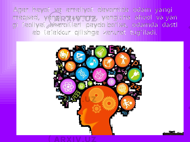 Agar hayot va amaliyot davomida odam yangi maqsad, yangi muammo, yangicha ahvol va yan gi faoliyat sharoitlari paydo bo’lsa, odamda dastl ab tafakkur qilishga zarurat tug’iladi. 