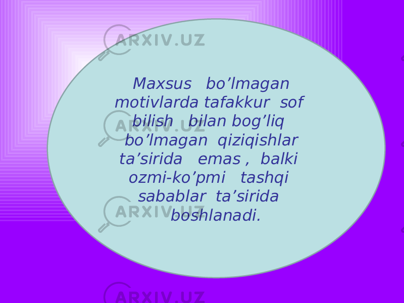 Maxsus bo’lmagan motivlarda tafakkur sof bilish bilan bog’liq bo’lmagan qiziqishlar ta’sirida emas , balki ozmi-ko’pmi tashqi sabablar ta’sirida boshlanadi. 