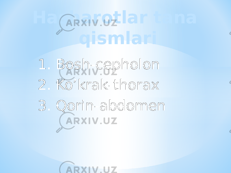 1. Bosh-cepholon 2. Ko’krаk-thorax 3. Qorin-abdomenHasharotlar tana qismlari 