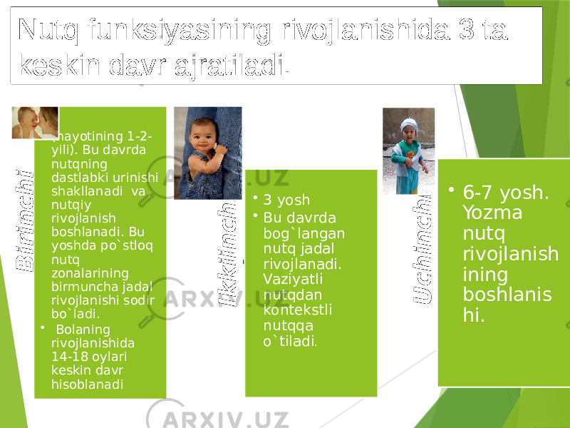 Nutq funksiyasining rivojlanishida 3 ta keskin davr ajratiladi.B i r i n c h i d a v r … … • (hayotining 1-2- yili). Bu davrda nutqning dastlabki urinishi shakllanadi va nutqiy rivojlanish boshlanadi. Bu yoshda po`stloq nutq zonalarining birmuncha jadal rivojlanishi sodir bo`ladi. • Bolaning rivojlanishida 14-18 oylari keskin davr hisoblanadi I k k i i n c h i d a v r … . • 3 yosh • Bu davrda bog`langan nutq jadal rivojlanadi. Vaziyatli nutqdan kontekstli nutqqa o`tiladi . U c h i n c h i d a v r … • 6-7 yosh. Yozma nutq rivojlanish ining boshlanis hi. 