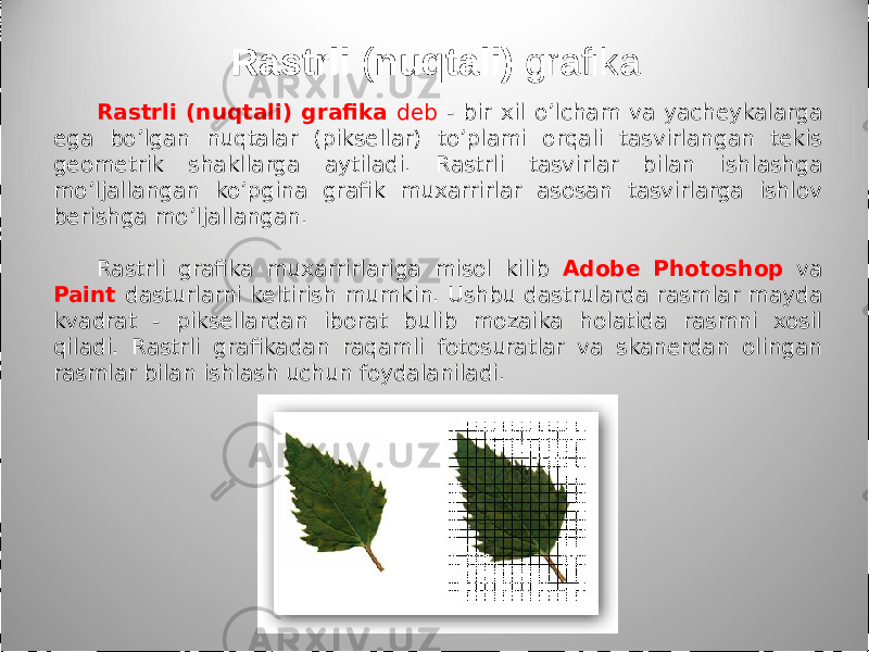 Rastrli (nuqtali) grafika deb - bir xil o’lcham va yacheykalarga ega bo’lgan nuqtalar (piksellar) to’plami orqali tasvirlangan tekis geometrik shakllarga aytiladi. Rastrli tasvirlar bilan ishlashga mo’ljallangan ko’pgina grafik muxarrirlar asosan tasvirlarga ishlov berishga mo’ljallangan. Rastrli grafika muxarrirlariga misol kilib Adobe Photoshop va Paint dasturlarni keltirish mumkin. Ushbu dastrularda rasmlar mayda kvadrat - piksellardan iborat bulib mozaika holatida rasmni xosil qiladi. Rastrli grafikadan raqamli fotosuratlar va skanerdan olingan rasmlar bilan ishlash uchun foydalaniladi. Rastrli ( nuqtali) grafika 