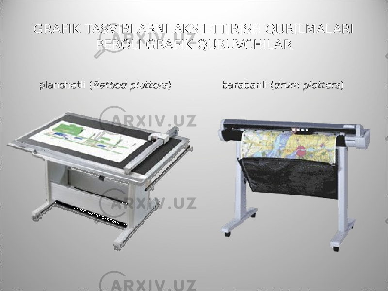 GRAFIK TASVIRLARNI AKS ETTIRISH QURILMALARI PEROLI GRAFIK QURUVCHILAR planshetli ( flatbed plotters ) barabanli ( drum plotters ) 