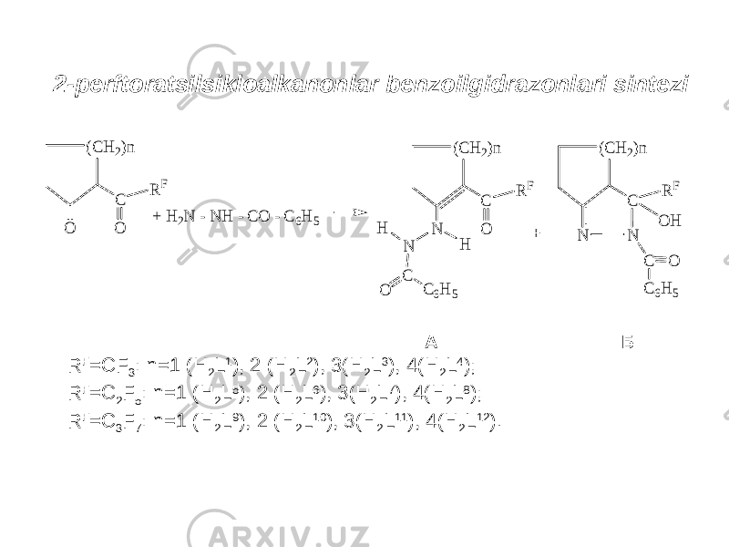 2- perftoratsilsikloalkanonlar benzoilgidrazonlari sintezi(C H 2)n C R F O O + H 2N - N H - C O - C 6H 5 (C H 2)n C R F O N N H H C O C 6H 5 (C H 2)n C R F O H N N C O C 6H 5 + А Б R F =CF 3 : n=1 (H 2 L 1 ), 2 (H 2 L 2 ), 3(H 2 L 3 ), 4(H 2 L 4 ); R F = C 2 F 5 : n =1 ( H 2 L 5 ), 2 ( H 2 L 6 ), 3( H 2 L 7 ), 4( H 2 L 8 ); R F = C 3 F 7 : n =1 ( H 2 L 9 ), 2 ( H 2 L 10 ), 3( H 2 L 11 ), 4( H 2 L 12 ). 