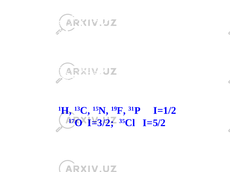 1 H, 13 C, 15 N, 19 F, 31 P I=1/2 17 O I=3/2; 35 Cl I=5/2 