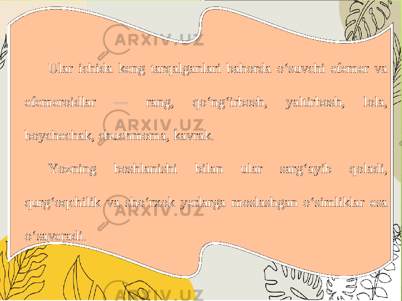 Ular ichida keng tarqalganlari bahorda o‘suvchi efemer va efemeroidlar — rang, qo‘ng‘irbosh, yaltirbosh, lola, boychechak, chuchmoma, kavrak. Yozning boshlanishi bilan ular sarg‘ayib qoladi, qurg‘oqchilik va sho‘rxok yerlarga moslashgan o‘simliklar esa o‘saveradi. 