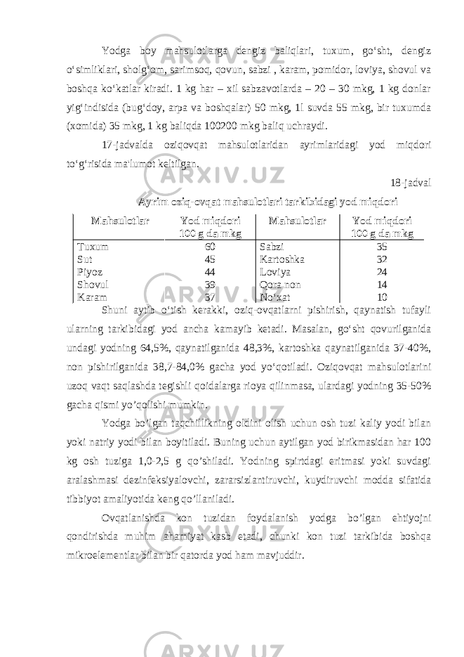 Yodga boy mahsulotlarga dengiz baliqlari, tuxum, go‘sht, dengiz o‘simliklari, sholg‘om, sarimsoq, qovun, sabzi , karam, pomidor, loviya, shovul va boshqa ko‘katlar kiradi. 1 kg har – xil sabzavotlarda – 20 – 30 mkg, 1 kg donlar yig‘indisida (bug‘doy, arpa va boshqalar) 50 mkg, 1l suvda 55 mkg, bir tuxumda (xomida) 35 mkg, 1 kg baliqda 100200 mkg baliq uchraydi. 17-jadvalda oziqovqat mahsulotlaridan ayrimlaridagi yod miqdori to‘g‘risida ma&#39;lumot keltilgan. 18-jadval Ayrim oziq - ovqat mahsulotlari tarkibidagi yod miqdori Mahsulotlar Yod miqdori 100 g da mkg Mahsulotlar Yod miqdori 100 g da mkg Tuxum Sut Piyoz Shovul Karam 60 45 44 39 37 Sabzi Kartoshka Loviya Qora non No‘xat 35 32 24 14 10 Shuni aytib o‘tish kerakki, oziq-ovqatlarni pishirish, qaynatish tufayli ularning tarkibidagi yod ancha kamayib ketadi. Masalan, go‘sht qovurilganida undagi yodning 64,5%, qaynatilganida 48,3%, kartoshka qaynatilganida 37-40%, non pishirilganida 38,7-84,0% gacha yod yo‘qotiladi. Oziqovqat mahsulotlarini uzoq vaqt saqlashda tegishli qoidalarga rioya qilinmasa, ulardagi yodning 35-50% gacha qismi yo’qolishi mumkin. Yodga bo’lgan taqchillikning oldini olish uchun osh tuzi kaliy yodi bilan yoki natriy yodi bilan boyitiladi. Buning uchun aytilgan yod birikmasidan har 100 kg osh tuziga 1,0-2,5 g qo’shiladi. Yodning spirtdagi eritmasi yoki suvdagi aralashmasi dezinfeksiyalovchi, zararsizlantiruvchi, kuydiruvchi modda sifatida tibbiyot amaliyotida keng qo’llaniladi. Ovqatlanishda kon tuzidan foydalanish yodga bo’lgan ehtiyojni qondirishda muhim ahamiyat kasb etadi, chunki kon tuzi tarkibida boshqa mikroelementlar bilan bir qatorda yod ham mavjuddir. 