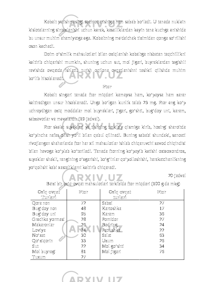 Kobalt yetishmasligi soch oqarishiga ham sabab bo‘ladi. U tanada nuklein kislotalarning sintezlanishi uchun kerak, kasalliklardan keyin tana kuchga enishida bu unsur muhim ahamiyatga ega. Kobaltning me&#39;daichak tizimidan qonga so‘rilishi oson kechadi. Doim o‘simlik mahsulotlari bilan oziqlanish kobaltga nisbatan taqchillikni keltirib chiqarishi mumkin, shuning uchun sut, mol jigari, buyraklardan tegishli ravishda ovqatda ishlatib turish oqilona ovqatlanishni tashkil qilishda muhim bo‘lib hisoblanadi. Ftor Kobalt singari tanada ftor miqdori kamaysa ham, ko‘paysa ham zarar keltiradigan unsur hisoblanadi. Unga bo‘lgan kunlik talab 23 mg. Ftor eng ko‘p uchraydigan oziq moddalar mol buyraklari, jigari, go‘shti, bug‘doy uni, karam, sabzavotlar va mevalardir (19-jadval). Ftor skelet suyaklari va tishning tarkibiy qismiga kirib, hozirgi sharoitda ko‘pincha nafas olish yo‘li bilan qabul qilinadi. Buning sababi shundaki, sanoati rivojlangan shaharlarda ftor har xil mahsulotlar ishlab chiqaruvchi zavod chiqindisi bilan havoga ko‘plab ko‘tariladi. Tanada ftorning ko‘payib ketishi ozteoxondroz, suyaklar shakli, rangining o‘zgarishi, bo‘g‘inlar qo‘pollashishi, harakatchanlikning yo‘qolishi kabi xastaliklarni keltirib chiqaradi. 20-jadval Ba&#39;zi bir oziq - ovqat mahsulotlari tarkibida ftor miqdori (100 g da mkg) Oziq - ovqat Turlari Ftor Oziq - ovqat turlari Ftor Qora non Bug‘doy non Bug‘doy uni Grechka yormasi Makaronlar Loviya No‘xat Qo‘ziqorin Sut Mol buyragi Tuxum 72 48 95 28 26 24 30 33 22 81 27 Sabzi Kartoshka Karam Pomidor Bodring Petrushka Salat Uzum Mol go‘shti Mol jigari 27 17 36 27 24 22 63 26 34 76 