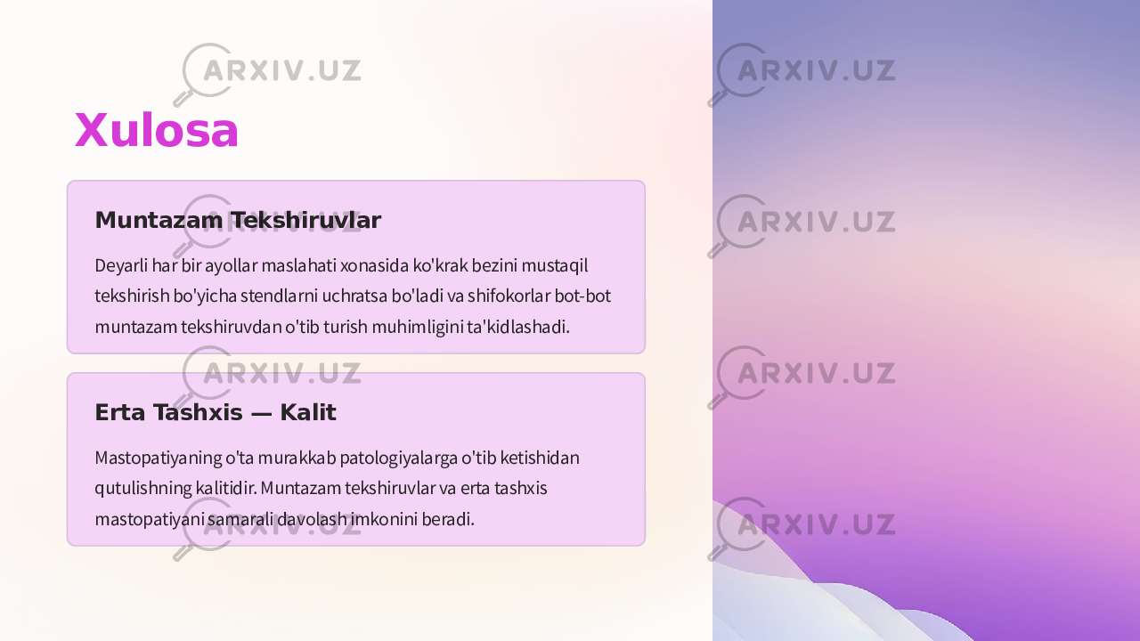 Xulosa Muntazam Tekshiruvlar Deyarli har bir ayollar maslahati xonasida ko&#39;krak bezini mustaqil tekshirish bo&#39;yicha stendlarni uchratsa bo&#39;ladi va shifokorlar bot-bot muntazam tekshiruvdan o&#39;tib turish muhimligini ta&#39;kidlashadi. Erta Tashxis — Kalit Mastopatiyaning o&#39;ta murakkab patologiyalarga o&#39;tib ketishidan qutulishning kalitidir. Muntazam tekshiruvlar va erta tashxis mastopatiyani samarali davolash imkonini beradi. 