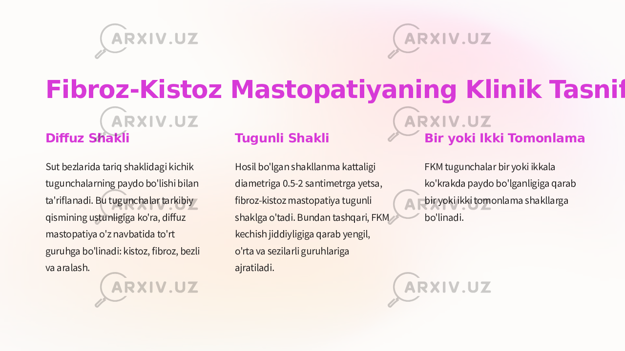 Fibroz-Kistoz Mastopatiyaning Klinik Tasnifi Diffuz Shakli Sut bezlarida tariq shaklidagi kichik tugunchalarning paydo bo&#39;lishi bilan ta&#39;riflanadi. Bu tugunchalar tarkibiy qismining ustunligiga ko&#39;ra, diffuz mastopatiya o&#39;z navbatida to&#39;rt guruhga bo&#39;linadi: kistoz, fibroz, bezli va aralash. Tugunli Shakli Hosil bo&#39;lgan shakllanma kattaligi diametriga 0.5-2 santimetrga yetsa, fibroz-kistoz mastopatiya tugunli shaklga o&#39;tadi. Bundan tashqari, FKM kechish jiddiyligiga qarab yengil, o&#39;rta va sezilarli guruhlariga ajratiladi. Bir yoki Ikki Tomonlama FKM tugunchalar bir yoki ikkala ko&#39;krakda paydo bo&#39;lganligiga qarab bir yoki ikki tomonlama shakllarga bo&#39;linadi. 