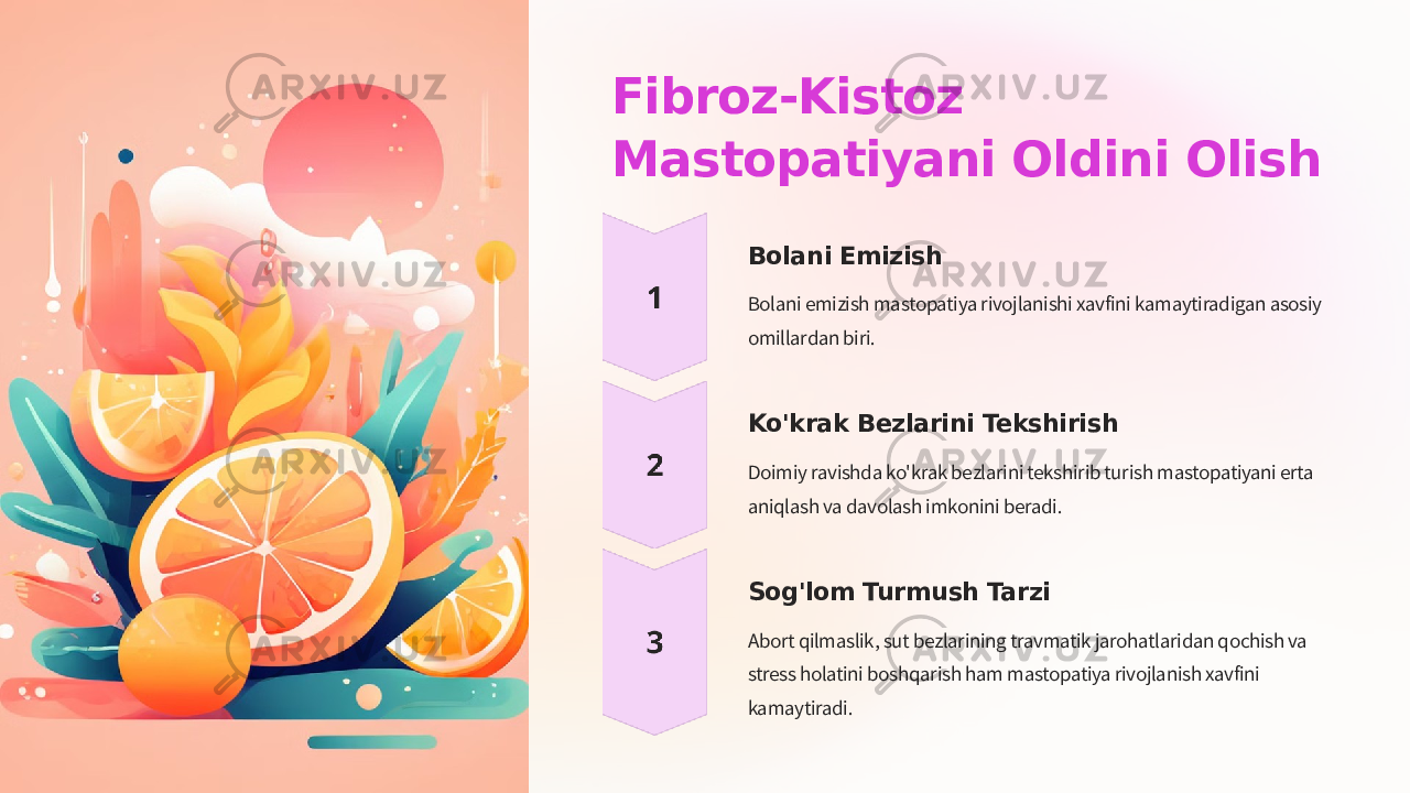 Fibroz-Kistoz Mastopatiyani Oldini Olish Bolani Emizish Bolani emizish mastopatiya rivojlanishi xavfini kamaytiradigan asosiy omillardan biri. Ko&#39;krak Bezlarini Tekshirish Doimiy ravishda ko&#39;krak bezlarini tekshirib turish mastopatiyani erta aniqlash va davolash imkonini beradi. Sog&#39;lom Turmush Tarzi Abort qilmaslik, sut bezlarining travmatik jarohatlaridan qochish va stress holatini boshqarish ham mastopatiya rivojlanish xavfini kamaytiradi. 