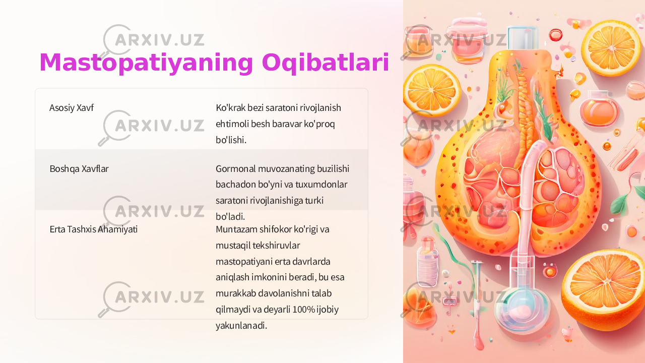 Mastopatiyaning Oqibatlari Asosiy Xavf Ko&#39;krak bezi saratoni rivojlanish ehtimoli besh baravar ko&#39;proq bo&#39;lishi. Boshqa Xavflar Gormonal muvozanating buzilishi bachadon bo&#39;yni va tuxumdonlar saratoni rivojlanishiga turki bo&#39;ladi. Erta Tashxis Ahamiyati Muntazam shifokor ko&#39;rigi va mustaqil tekshiruvlar mastopatiyani erta davrlarda aniqlash imkonini beradi, bu esa murakkab davolanishni talab qilmaydi va deyarli 100% ijobiy yakunlanadi. 