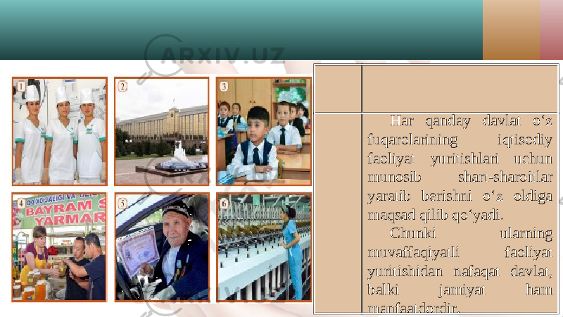 Har qanday davlat o‘z fuqarolarining iqtisodiy faoliyat yuritishlari uchun munosib shart-sharoitlar yaratib berishni o‘z oldiga maqsad qilib qo‘yadi. Chunki ularning muvaffaqiyatli faoliyat yuritishidan nafaqat davlat, balki jamiyat ham manfaatdordir. 