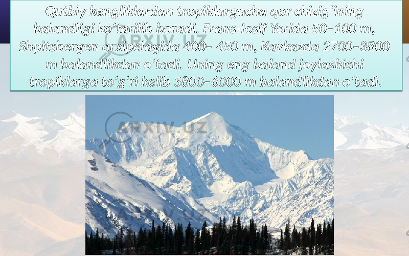 Qutbiy kengliklardan tropiklargacha qor chizig‘ining balandligi ko‘tarilib boradi. Frans-Iosif Yerida 50–100 m, Shpitsbergen arxipelagida 400– 450 m, Kavkazda 2700–3800 m balandlikdan o‘tadi. Uning eng baland joylashishi tropiklarga to‘g‘ri kelib 5800–6000 m balandlikdan o‘tadi.33150C19 19 410F1C 0B0A 0C11 