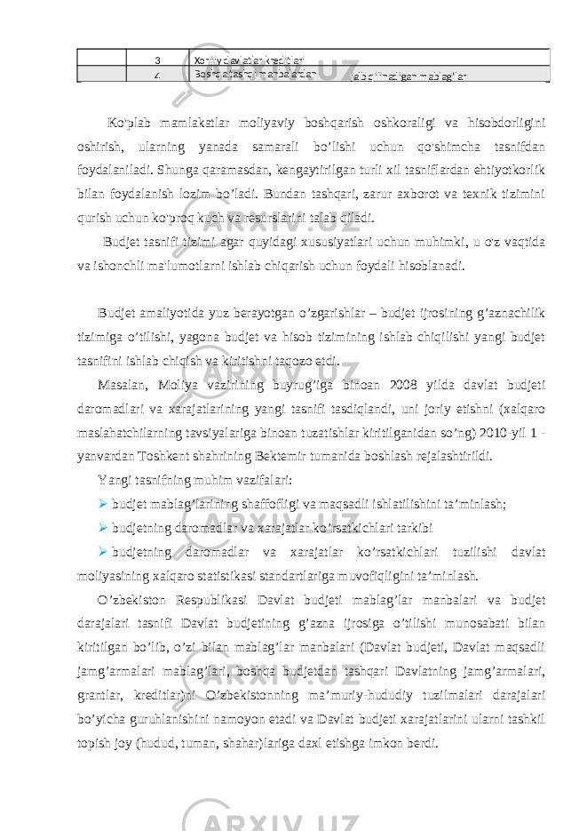  Ko&#39;plab mamlakatlar moliyaviy boshqarish oshkoraligi va hisobdorligini oshirish, ularning yanada samarali bo’lishi uchun qo&#39;shimcha tasnifdan foydalaniladi. Shunga qaramasdan, kengaytirilgan turli xil tasniflardan ehtiyotkorlik bilan foydalanish lozim bo’ladi. Bundan tashqari, zarur axborot va texnik tizimini qurish uchun ko&#39;proq kuch va resurslarini talab qiladi. Budjet tasnifi tizimi agar quyidagi xususiyatlari uchun muhimki, u o&#39;z vaqtida va ishonchli ma&#39;lumotlarni ishlab chiqarish uchun foydali hisoblanadi. Budjet amaliyotida yuz berayotgan o’zgarishlar – budjet ijrosining g’aznachilik tizimiga o’tilishi, yagona budjet va hisob tizimining ishlab chiqilishi yangi budjet tasnifini ishlab chiqish va kiritishni taqozo etdi. Masalan, Moliya vazirining buyrug’iga binoan 2008 yilda davlat budjeti daromadlari va xarajatlarining yangi tasnifi tasdiqlandi, uni joriy etishni (xalqaro maslahatchilarning tavsiyalariga binoan tuzatishlar kiritilganidan so’ng) 2010-yil 1 - yanvardan Toshkent shahrining Bektemir tumanida boshlash rejalashtirildi. Yangi tasnifning muhim vazifalari:  budjet mablag’larining shaffofligi va maqsadli ishlatilishini ta’minlash;  budjetning daromadlar va xarajatlar ko’rsatkichlari tarkibi  budjetning daromadlar va xarajatlar ko’rsatkichlari tuzilishi davlat moliyasining xalqaro statistikasi standartlariga muvofiqligini ta’minlash. O’zbekiston Respublikasi Davlat budjeti mablag’lar manbalari va budjet darajalari tasnifi Davlat budjetining g’azna ijrosiga o’tilishi munosabati bilan kiritilgan bo’lib, o’zi bilan mablag’lar manbalari (Davlat budjeti, Davlat maqsadli jamg’armalari mablag’lari, boshqa budjetdan tashqari Davlatning jamg’armalari, grantlar, kreditlar)ni O’zbekistonning ma’muriy-hududiy tuzilmalari darajalari bo’yicha guruhlanishini namoyon etadi va Davlat budjeti xarajatlarini ularni tashkil topish joy (hudud, tuman, shahar)lariga daxl etishga imkon berdi. 3 Xorijiy davlatlar kreditlari 4 Boshqa tashqi manbalardan jalb qilinadigan mablag’lar 