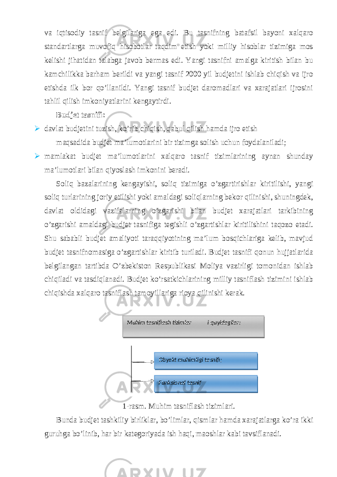 va iqtisodiy tasnif belgilariga ega edi. Bu tasnifning batafsil bayoni xalqaro standartlarga muvofiq hisobotlar taqdim etish yoki milliy hisoblar tizimiga mos kelishi jihatidan talabga javob bermas edi. Yangi tasnifni amalga kiritish bilan bu kamchilikka barham berildi va yangi tasnif 2000 yil budjetini ishlab chiqish va ijro etishda ilk bor qo’llanildi. Yangi tasnif budjet daromadlari va xarajatlari ijrosini tahlil qilish imkoniyatlarini kengaytirdi. Budjet tasnifi:  davlat budjetini tuzish, ko’rib chiqish, qabul qilish hamda ijro etish maqsadida budjet ma’lumotlarini bir tizimga solish uchun foydalaniladi;  mamlakat budjet ma’lumotlarini xalqaro tasnif tizimlarining aynan shunday ma’lumotlari bilan qiyoslash imkonini beradi. Soliq bazalarining kengayishi, soliq tizimiga o’zgartirishlar kiritilishi, yangi soliq turlarining joriy etilishi yoki amaldagi soliqlarning bekor qilinishi, shuningdek, davlat oldidagi vazifalarning o’zgarishi bilan budjet xarajatlari tarkibining o’zgarishi amaldagi budjet tasnifiga tegishli o’zgartishlar kiritilishini taqozo etadi. Shu sababli budjet amaliyoti taraqqiyotining ma’lum bosqichlariga kelib, mavjud budjet tasnifnomasiga o’zgartishlar kiritib turiladi. Budjet tasnifi qonun hujjatlarida belgilangan tartibda O’zbekiston Respublikasi Moliya vazirligi tomonidan ishlab chiqiladi va tasdiqlanadi. Budjet ko’rsatkichlarining milliy tasniflash tizimini ishlab chiqishda xalqaro tasniflash tamoyillariga rioya qilinishi kerak. 1-rasm. Muhim tasniflash tizimlari. Bunda budjet tashkiliy birliklar, bo’limlar, qismlar hamda xarajatlarga ko’ra ikki guruhga bo’linib, har bir kategoriyada ish haqi, maoshlar kabi tavsiflanadi. Muhim tasniflash tizimlar i quyidagilar: Obyekt muhimligi tasnifi; Funksional tasnif 