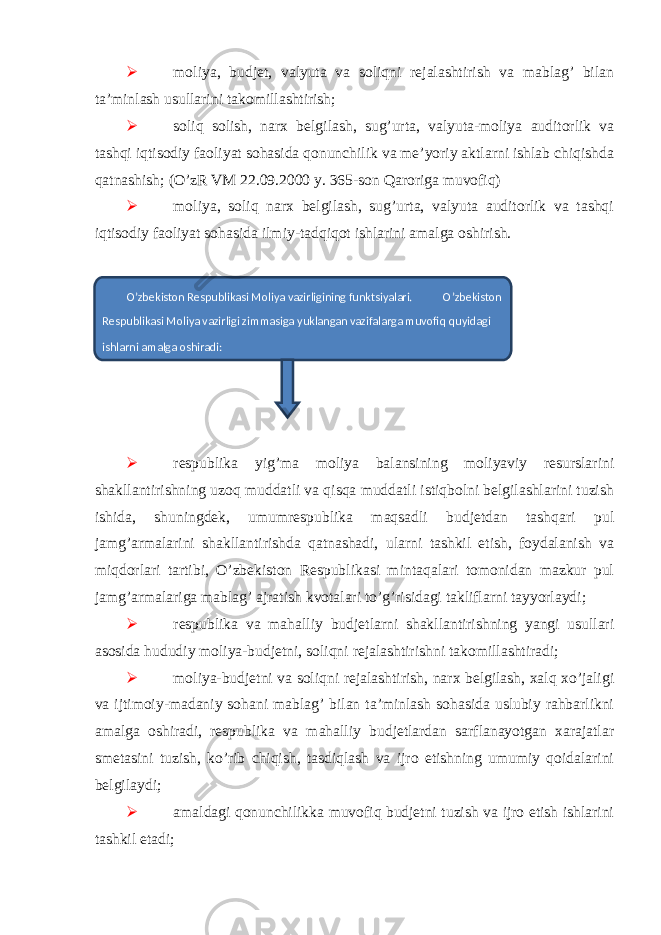   moliya, budjet, valyuta va soliqni rejalashtirish va mablag’ bilan ta’minlash usullarini takomillashtirish;  soliq solish, narx belgilash, sug’urta, valyuta-moliya auditorlik va tashqi iqtisodiy faoliyat sohasida qonunchilik va me’yoriy aktlarni ishlab chiqishda qatnashish; (O’zR VM 22.09.2000 y. 365-son Qaroriga muvofiq)  moliya, soliq narx belgilash, sug’urta, valyuta auditorlik va tashqi iqtisodiy faoliyat sohasida ilmiy-tadqiqot ishlarini amalga oshirish.  respublika yig’ma moliya balansining moliyaviy resurslarini shakllantirishning uzoq muddatli va qisqa muddatli istiqbolni belgilashlarini tuzish ishida, shuningdek, umumrespublika maqsadli budjetdan tashqari pul jamg’armalarini shakllantirishda qatnashadi, ularni tashkil etish, foydalanish va miqdorlari tartibi, O’zbekiston Respublikasi mintaqalari tomonidan mazkur pul jamg’armalariga mablag’ ajratish kvotalari to’g’risidagi takliflarni tayyorlaydi;  respublika va mahalliy budjetlarni shakllantirishning yangi usullari asosida hududiy moliya-budjetni, soliqni rejalashtirishni takomillashtiradi;  moliya-budjetni va soliqni rejalashtirish, narx belgilash, xalq xo’jaligi va ijtimoiy-madaniy sohani mablag’ bilan ta’minlash sohasida uslubiy rahbarlikni amalga oshiradi, respublika va mahalliy budjetlardan sarflanayotgan xarajatlar smetasini tuzish, ko’rib chiqish, tasdiqlash va ijro etishning umumiy qoidalarini belgilaydi;  amaldagi qonunchilikka muvofiq budjetni tuzish va ijro etish ishlarini tashkil etadi; O’zbekiston Respublikasi Moliya vazirligining funktsiyalari. O’zbekiston Respublikasi Moliya vazirligi zimmasiga yuklangan vazifalarga muvofiq quyidagi ishlarni amalga oshiradi: 