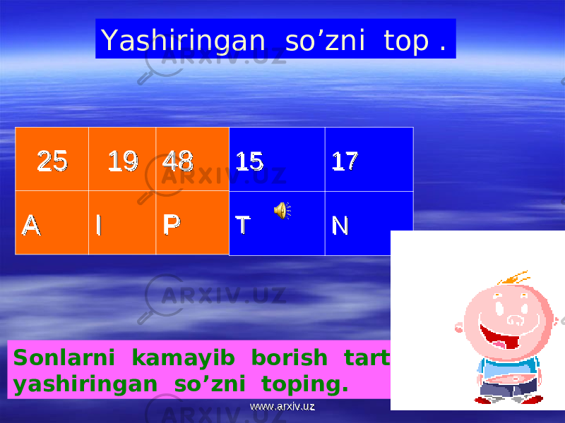 2525 1919 4848 AA II PP 1515 1717 TT NN Sonlarni kamayib borish tartida yozib, yashiringan so’zni toping. Yashiringan so’zni top . www.arxiv.uzwww.arxiv.uz 