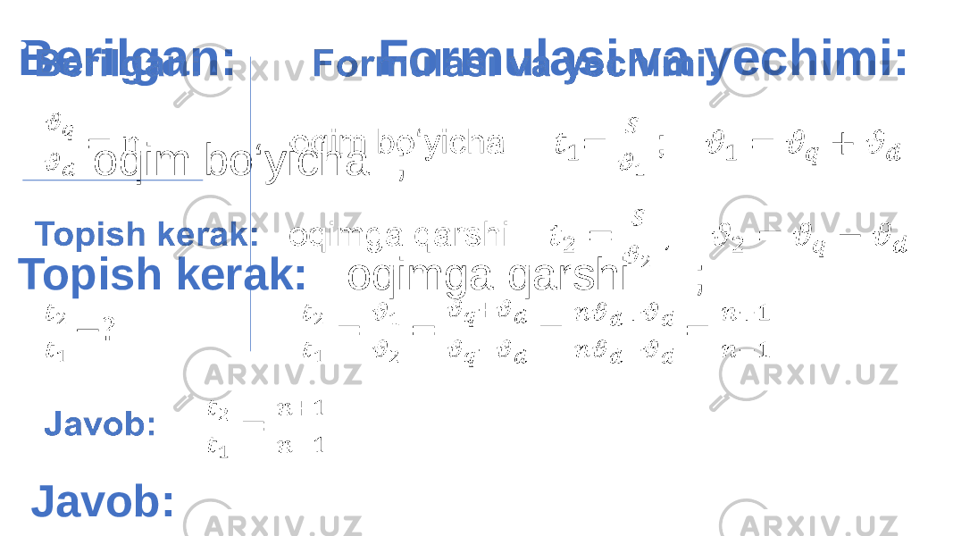 Berilgan: Formulasi va yechimi: oqim bo‘yicha ; Topish kerak: oqimga qarshi ; Javob: • 