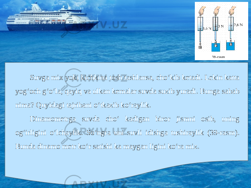 Suvga mix yoki kichkina tosh tashlansa, cho‘kib ketadi. Lekin katta yog‘och g‘o‘la, qayiq va ulkan kemalar suvda suzib yuradi. Bunga sabab nima? Quyidagi tajribani o‘tkazib ko‘raylik. Dinamometrga suvda cho‘ kadigan biror jismni osib, uning og‘irligini o‘lchaylik. So‘ngra uni suvli idishga tushiraylik (39-rasm). Bunda dinamo metr ko‘r satishi ka maygan ligini ko‘ra miz. 