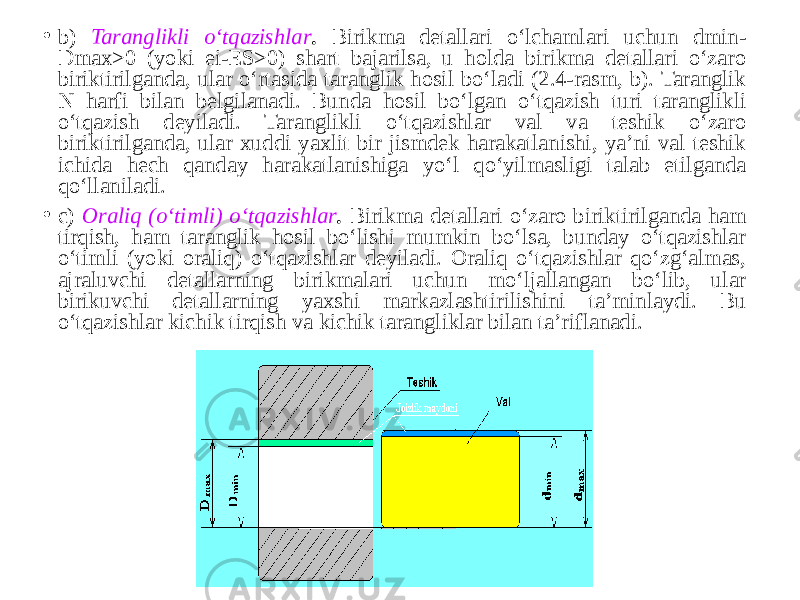 • b) Taranglikli o‘tqazishlar . Birikma detallari o‘lchamlari uchun dmin- Dmax>0 (yoki ei-ES>0) shart bajarilsa, u holda birikma detallari o‘zaro biriktirilganda, ular o‘rtasida taranglik hosil bo‘ladi (2.4-rasm, b). Taranglik N harfi bilan belgilanadi. Bunda hosil bo‘lgan o‘tqazish turi taranglikli o‘tqazish deyiladi. Taranglikli o‘tqazishlar val va teshik o‘zaro biriktirilganda, ular xuddi yaxlit bir jismdek harakatlanishi, ya’ni val teshik ichida hech qanday harakatlanishiga yo‘l qo‘yilmasligi talab etilganda qo‘llaniladi. • c) Oraliq (o‘timli) o‘tqazishlar . Birikma detallari o‘zaro biriktirilganda ham tirqish, ham taranglik hosil bo‘lishi mumkin bo‘lsa, bunday o‘tqazishlar o‘timli (yoki oraliq) o‘tqazishlar deyiladi. Oraliq o‘tqazishlar qo‘zg‘almas, ajraluvchi detallarning birikmalari uchun mo‘ljallangan bo‘lib, ular birikuvchi detallarning yaxshi markazlashtirilishini ta’minlaydi. Bu o‘tqazishlar kichik tirqish va kichik tarangliklar bilan ta’riflanadi. 