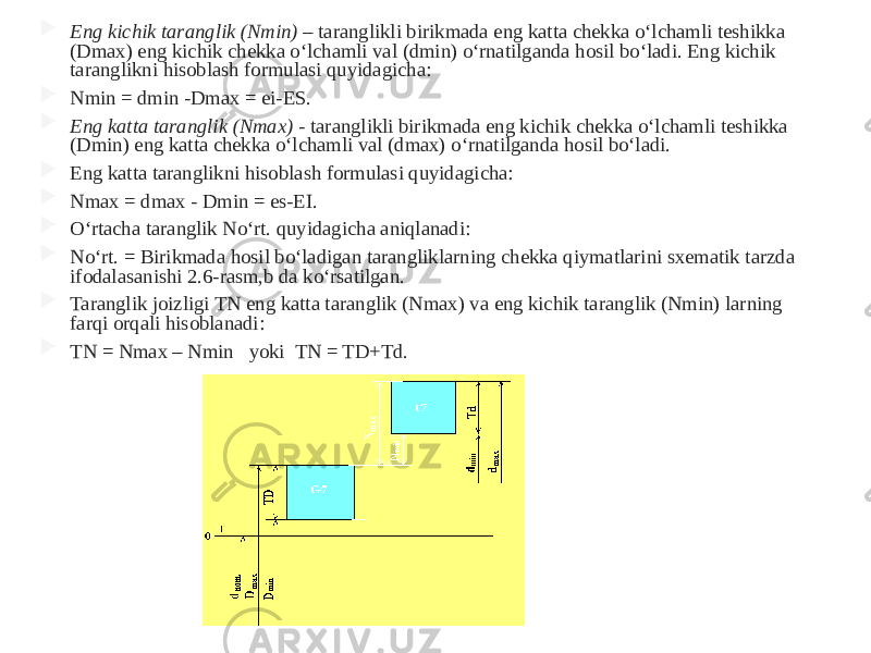  Eng kichik taranglik (Nmin) – taranglikli birikmada eng katta chekka o‘lchamli teshikka (Dmax) eng kichik chekka o‘lchamli val (dmin) o‘rnatilganda hosil bo‘ladi. Eng kichik taranglikni hisoblash formulasi quyidagicha:  Nmin = dmin -Dmax = ei-ES.  Eng katta taranglik (Nmax) - taranglikli birikmada eng kichik chekka o‘lchamli teshikka (Dmin) eng katta chekka o‘lchamli val (dmax) o‘rnatilganda hosil bo‘ladi.  Eng katta taranglikni hisoblash formulasi quyidagicha:  Nmax = dmax - Dmin = es-EI.  O‘rtacha taranglik No‘rt. quyidagicha aniqlanadi:  No‘rt. = Birikmada hosil bo‘ladigan tarangliklarning chekka qiymatlarini sxematik tarzda ifodalasanishi 2.6-rasm,b da ko‘rsatilgan.  Taranglik joizligi TN eng katta taranglik (Nmax) va eng kichik taranglik (Nmin) larning farqi orqali hisoblanadi:  TN = Nmax – Nmin yoki TN = TD+Td. 