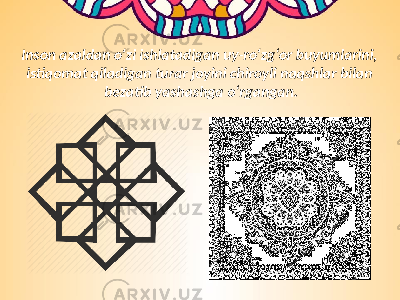 Inson azaldan o‘zi ishlatadigan uy-ro‘zg‘or buyumlarini, istiqomat qiladigan turar joyini chiroyli naqshlar bilan bezatib yashashga o‘rgangan. 