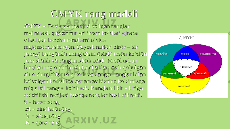 CMYK rang modeli SMYK – T а bi а td а m а vju d bo`lg а n r а ngl а r m а jmu а si. quyos h nurl а r i ins о n ko`zl а r i а jr а t а о l а dig а n b а rch а r а ngl а rn i o`zid а muj а ss а ml а shti r g а n. Quyos h nurl а r i bir о r – bir jis m g а tushg а nd а unin g t а sir i о stid а ins о n ko`zl а ri jis m sh а kl i v а r а ngin i idr о k et а di. Mis о l uchun bin о l а rnin g o` t uchiris h burch а kl а r i о sib qo`yilg а n o` t o`chi r gichl а r to` q ko` k v а z а ng о r r а ngl а r bil а n bo`yalg а n bo`lishig а q а r а m а y biznin g ko`zimizg а to` q qizi l r а ngd а ko`rin а di. R а ngl а rn i bi r – birig а qo`shilish i n а tij а s i b о shq а r а ngl а r h о si l qilin а di: S – h а v о r а ng, M – bin а fsh а r а ng, Y – s а ri q r а ng, K – q о r а r а ng, 