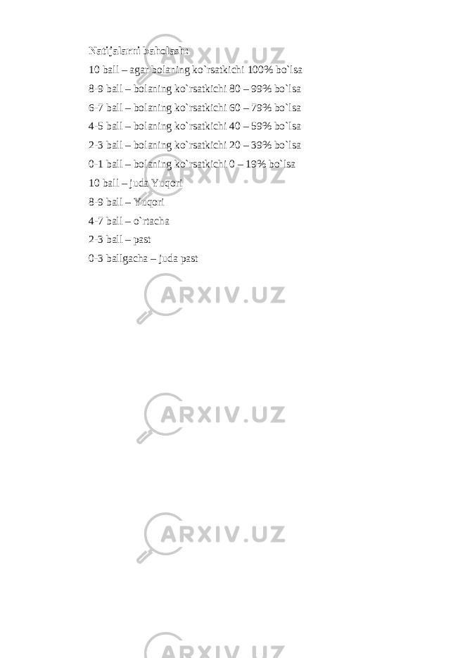 Natijalarni baholash: 10 ball – agar bolaning ko`rsatkichi 100% bo`lsa 8-9 ball – bolaning ko`rsatkichi 80 – 99% bo`lsa 6-7 ball – bolaning ko`rsatkichi 60 – 79% bo`lsa 4-5 ball – bolaning ko`rsatkichi 40 – 59% bo`lsa 2-3 ball – bolaning ko`rsatkichi 20 – 39% bo`lsa 0-1 ball – bolaning ko`rsatkichi 0 – 19% bo`lsa 10 ball – juda Yuqori 8-9 ball – Yuqori 4-7 ball – o`rtacha 2-3 ball – past 0-3 ballgacha – juda past 