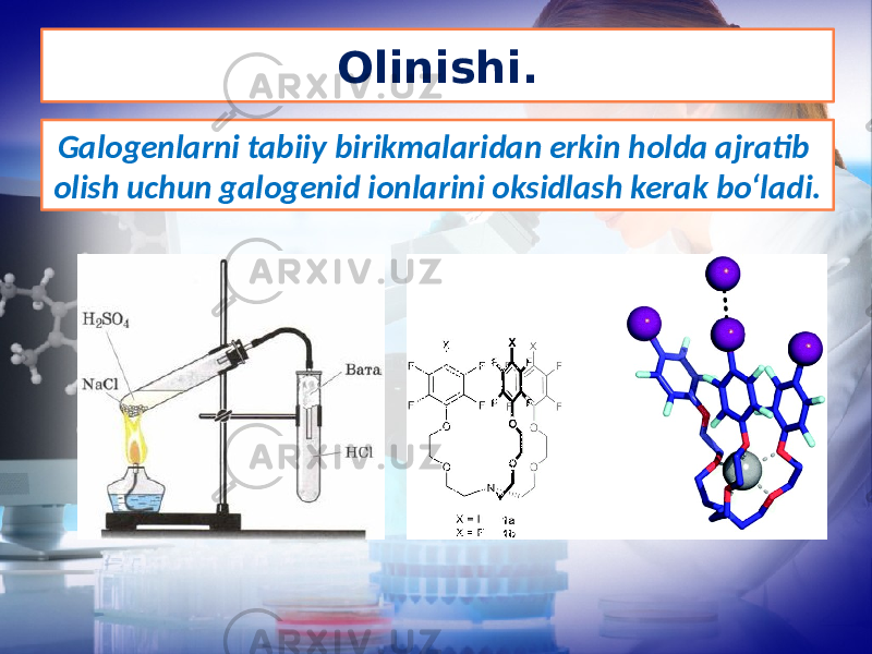 Olinishi. Galogenlarni tabiiy birikmalaridan erkin holda ajratib olish uchun galogenid ionlarini oksidlash kerak bo‘ladi. 