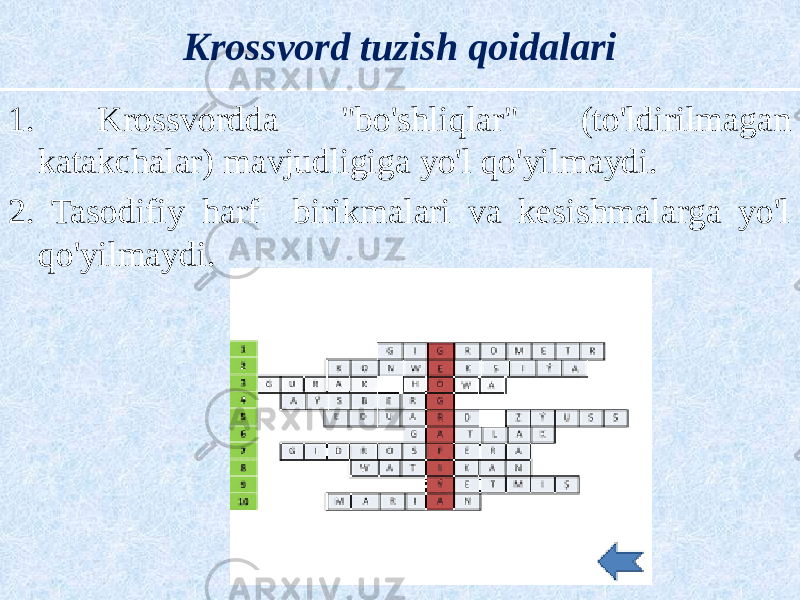Krossvord tuzish qoidalari 1. Krossvordda &#34;bo&#39;shliqlar&#34; (to&#39;ldirilmagan katakchalar) mavjudligiga yo&#39;l qo&#39;yilmaydi. 2. Tasodifiy harf birikmalari va kesishmalarga yo&#39;l qo&#39;yilmaydi. 