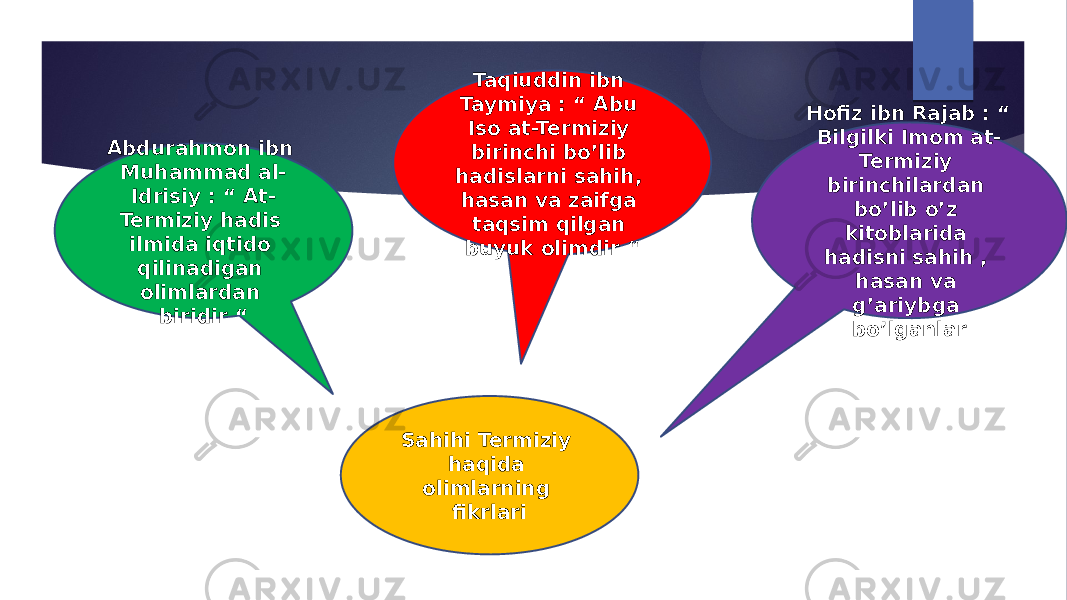 Sahihi Termiziy haqida olimlarning fikrlari Taqiuddin ibn Taymiya : “ Abu Iso at-Termiziy birinchi bo’lib hadislarni sahih, hasan va zaifga taqsim qilgan buyuk olimdir “ Hofiz ibn Rajab : “ Bilgilki Imom at- Termiziy birinchilardan bo’lib o’z kitoblarida hadisni sahih , hasan va g’ariybga bo’lganlarAbdurahmon ibn Muhammad al- Idrisiy : “ At- Termiziy hadis ilmida iqtido qilinadigan olimlardan biridir “ 