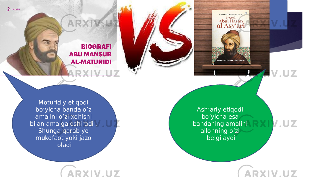 Moturidiy etiqodi bo’yicha banda o’z amalini o’zi xohishi bilan amalga oshiradi . Shunga qarab yo mukofaot yoki jazo oladi Ash’ariy etiqodi bo’yicha esa bandaning amalini allohning o’zi belgilaydi 