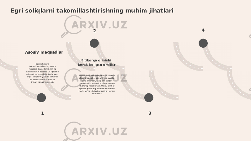 Egri soliqlarni takomillashtirishning muhim jihatlari Asosiy maqsadlar Egri soliqlarni takomillashtirishning asosiy maqsadi davlat byudjetining daromadlarini oshirish va iqtisodiy adolatni ta&#39;minlashdir. Bu jarayon orqali soliqlarni yanada samarali va adolatli tarzda undirish imkoniyatlari yaratiladi. E&#39;tiborga olinishi kerak bo&#39;lgan omillar Takomillashtirish jarayonida e&#39;tiborga olinishi kerak bo&#39;lgan omillar, avvalo, iqtisodiy o&#39;sish, soliqlarni to&#39;lash madaniyati va davlat boshqaruvining shaffofligi hisoblanadi. Ushbu omillar egri soliqlarni engillashtirish va ularni to&#39;g&#39;ri yo&#39;nalishda rivojlantirish uchun muhimdir. 1 2 3 4 