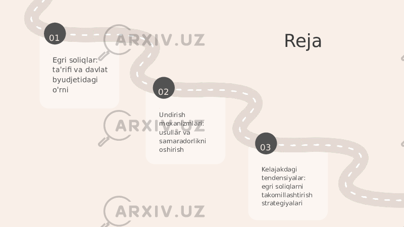 01 . 02 . 03 . Reja Egri soliqlar: ta&#39;rifi va davlat byudjetidagi o&#39;rni Undirish mexanizmlari: usullar va samaradorlikni oshirish Kelajakdagi tendensiyalar: egri soliqlarni takomillashtirish strategiyalari 