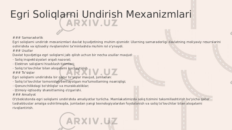 Egri Soliqlarni Undirish Mexanizmlari ### Samaradorlik Egri soliqlarni undirish mexanizmlari davlat byudjetining muhim qismidir. Ularning samaradorligi davlatning moliyaviy resurslarini oshirishda va iqtisodiy rivojlanishni ta&#39;minlashda muhim rol o&#39;ynaydi. ### Usullar Davlat byudjetiga egri soliqlarni jalb qilish uchun bir necha usullar mavjud: - Soliq inspektsiyalari orqali nazorat; - Elektron soliqlarni hisoblash tizimlari; - Soliq to&#39;lovchilar bilan aloqalarni kuchaytirish. ### To&#39;siqlar Egri soliqlarni undirishda bir qator to&#39;siqlar mavjud, jumladan: - Soliq to&#39;lovchilar tomonidan berilayotgan ma&#39;lumotlarning noaniqligi; - Qonunchilikdagi bo&#39;shliqlar va murakkabliklar; - Ijtimoiy-iqtisodiy sharoitlarning o&#39;zgarishi. ### Amaliyot O&#39;zbekistonda egri soliqlarni undirishda amaliyotlar turlicha. Mamlakatimizda soliq tizimini takomillashtirish bo&#39;yicha qator tashabbuslar amalga oshirilmoqda, jumladan yangi texnologiyalardan foydalanish va soliq to&#39;lovchilar bilan aloqalarni rivojlantirish. 