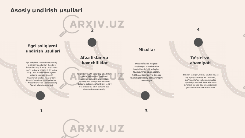 Asosiy undirish usullari Egri soliqlarni undirish usullari Egri soliqlarni undirishning asosiy 4 usuli quyidagilardan iborat: 1) To&#39;g&#39;ridan-to&#39;g&#39;ri soliq - to&#39;g&#39;ridan- to&#39;g&#39;ri to&#39;lovlar orqali. 2) O&#39;rtacha soliq - turli daromadlar bo&#39;yicha o&#39;rtacha ko&#39;rsatkichlar. 3) Vaqtinchalik soliq - vaqt o&#39;tishi bilan to&#39;lanadigan majburiyatlar. 4) Prosent to&#39;lovlar - daromadning foizlari sifatida undiriladi. Afzalliklar va kamchiliklar To&#39;g&#39;ridan-to&#39;g&#39;ri soliqning afzalliklari: davlatga barqaror daromad ta&#39;minlaydi, lekin kamchiliklari: iqtisodiyotni pasaytirishi mumkin. O&#39;rtacha soliqning afzalliklari - oddiy hisob-kitoblar, lekin kamchiliklar - daromadning notengligi. Misollar Misol sifatida, ko&#39;plab rivojlangan mamlakatlar to&#39;g&#39;ridan-to&#39;g&#39;ri soliqdan foydalanmoqda, masalan, AQSh va Germaniya, bu esa ularning iqtisodiy barqarorligini ta&#39;minlaydi. Ta&#39;siri va ahamiyati Bundan tashqari, ushbu usullar davlat byudjetiga ta&#39;sir qiladi. Masalan, to&#39;g&#39;ridan-to&#39;g&#39;ri soliq daromadlari byudjetga sezilarli darajada hissa qo&#39;shadi, bu esa davlat xarajatlarini yanada oshirish imkonini beradi. 1 2 3 4 