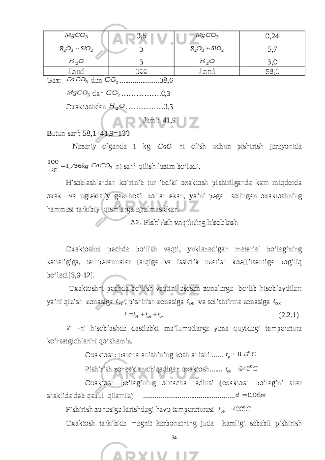 3 MgCO 2 3 2 SiO O R  O H 20,5 3 3 3 MgCO 2 3 2 SiO O R  O H 2 0,24 5,7 3,0 Jami 100 Jami 58,1 Gaz: 3 CaCO dan 2 СO .....................38,6 3 MgCO dan 2 СO ……………. 0,3 Oxaktoshdan O H 2 ……………0,3 Jami: 41,9 Butun sarf: 58,1+41,9=100 Nazariy olganda 1 kg СaO ni olish uchun pishirish jarayonida kg 786,1 56 100  3 CaCO ni sarf qilish lozim bo‘ladi. Hisoblashlardan ko‘rinib tur ibdiki oxaktosh pishirilganda kam miqdorda oxak va uglekisliy gaz hosil bo‘lar ekan, ya’ni pega solingan oxaktoshning hammasi tarkibiy qismlarga ajralmas ekan. 2.2. Pishirish vaqtining hisoblash Oxaktoshni pechda bo‘lish vaqti, yuklanadigan material bo‘lagining kattaligiga, temperaturalar farqiga va issiqlik uzatish koeffitsentiga bog‘liq bo‘ladi[6,9-12]. Oxaktoshni pechda bo‘lish vaqtini asosan zonalarga bo‘lib hisoblaydilar: ya’ni qizish zonasiga Ht , pishirish zonasiga obt va solishtirma zonasiga oxt ox ob H tttt  (2.2.1) t -ni hisoblashda dastlabki ma’lumotlarga yana quyidagi temperatura ko‘rsatgichlarini qo‘shamiz. Oxaktosh: parchalanishining boshlanishi ...... C tp 0 856 Pishirish zonasidan chiqadigan oxaktosh....... C tob 0 940 Oxaktosh bo‘lagining o‘rtacha radiusi (oxaktosh bo‘lagini shar shaklida deb qabul qilamiz) ................................................ m d 06,0  Pishirish zonasiga kirishdagi havo temperaturasi C tob 0 400  Oxaktosh tarkibida magnit karbonatning juda kamligi sababli pishirish 34 