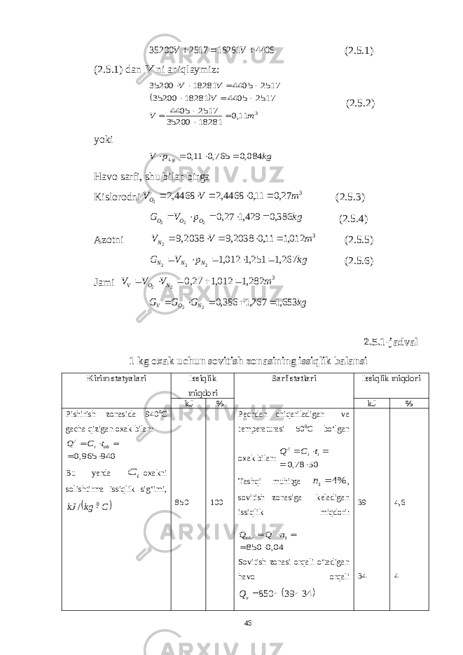 4405 18281 2517 35200    V V (2.5.1) (2.5.1) dan V ni aniqlaymiz:   3 11,0 18281 35200 2517 4405 2517 4405 18281 35200 2517 4405 18281 35200 m V V V V            (2.5.2) yoki kg p V gs 084,0 765,0 11,0 .     Havo sarfi, shu bilan birga Kislorodni 3 27,0 11,0 4468,2 4468,2 2 m V VO      (2.5.3) kg p V G O O O 386,0 429,1 27,0 2 2 2      (2.5.4) Azotni 3 012,1 11,0 2038,9 2038,9 2 m V VN      (2.5.5) kg p V G N N N 267,1 251,1 012,1 2 2 2      (2.5.6) Jami 3 282,1 012,1 27,0 2 2 m V V V N O V      kg G G G N O V 653,1 267,1 386,0 2 2      2.5.1-jadval 1 kg oxak uchun sovitish zonasining issiqlik balansi Kirim statyalari Issiqlik miqdori Sarf statlari Issiqlik miqdori kJ % kJ % Pishirish zonasida 940 0 C gacha qizigan oxak bilan: 940 965,0 /      ob it C Q Bu yerda i C -oxakni solishtirma issiqlik sig‘imi,  C kg kJ 0 /  850 100 Pechdan chiqariladigan va temperaturasi 50 0 C bo‘lgan oxak bilan: 50 78,0 //      i it C Q Tashqi muhitga %4 1 n , sovitish zonasiga keladigan issiqlik miqdori: 04,0 850 1 /      n Q Qokr Sovitish zonasi orqali o‘tadigan havo orqali   34 39 850   vQ 39 34 4,6 4 46 