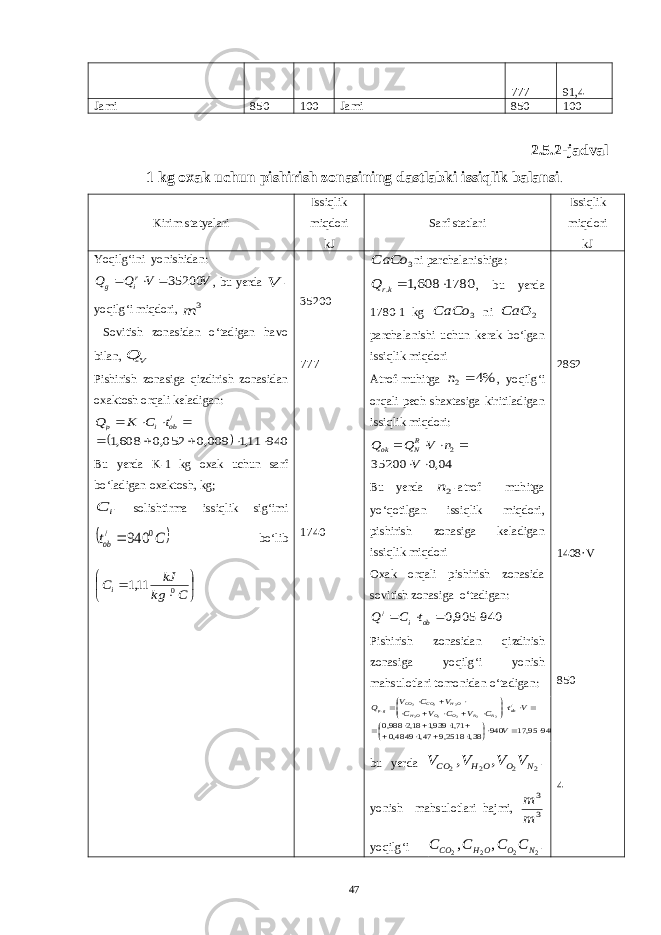 777 91,4 Jami 850 100 Jami 850 100 2.5.2-jadval 1 kg oxak uchun pishirish zonasining dastlabki issiqlik balansi . Kirim statyalari Issiqlik miqdori kJ Sarf statlari Issiqlik miqdori kJ Yoqilg‘ini yonishidan: V V Q Q ri g 35200   , bu yerda V - yoqilg‘i miqdori, 3 m Sovitish zonasidan o‘tadigan havo bilan, V Q Pishirish zonasiga qizdirish zonasidan oxaktosh orqali keladigan:   940 11,1 009,0 052,0 608,1 /          ob i p t C K Q Bu yerda K-1 kg oxak uchun sarf bo‘ladigan oxaktosh, kg; i C - solishtirma issiqlik sig‘imi  C tob 0 / 940 bo‘lib         C kg kJ Ci 0 11,1 35200 777 1740 3 CaCo ni parchalanishiga: 1780 608,1 .  krQ , bu yerda 1780-1 kg 3 CaCo ni 2 CaO parchalanishi uchun kerak bo‘lgan issiqlik miqdori Atrof-muhitga %4 2 n , yoqilg‘i orqali pech shaxtasiga kiritiladigan issiqlik miqdori: 04,0 35200 2       V n V Q Q RN ok Bu yerda 2n -atrof muhitga yo‘qotilgan issiqlik miqdori, pishirish zonasiga keladigan issiqlik miqdori Oxak orqali pishirish zonasida sovitish zonasiga o‘tadigan: 940 905,0 /     ob it C Q Pishirish zonasidan qizdirish zonasiga yoqilg‘i yonish mahsulotlari tomonidan o‘tadigan: V V V t C V C V C V C V Q ob N N O O OH OH CO CO gp                                940 95,17 940 38,1 2518,9 47,1 4849,0 71,1 939,1 18,2 988,0 / . 2 2 2 2 2 2 2 2 bu yerda 2 2 2 2 , , N O O H CO V V V V - yonish mahsulotlari hajmi, 3 3 m m yoqilg‘i 2 2 2 2 , , N O OH CO C C C C - 2862 1408· V 850 4 47 