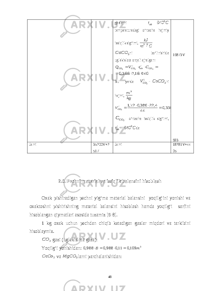 gazlarni C tob 0 940 temperaturadagi o‘rtacha hajmiy issiqlik sig‘imi, C m kJ 03 3 CaCO ni bo‘linishida uglekislota orqali ajralgan: 940 18,2 388,0 2 2 2 / /        CO ob CO CO C t V Q Bu y erda 3 1 2 CaCO VCO  ni hajmi, kg m 3 kg m VCO 3 / 338,0 44 4, 22 386,0 72,1 2     2 CO C - o‘rtacha issiqlik sig‘imi, C tob 0 / 940 da 16873V 693 Jami 35200V+2 517 Jami 18281V+44 05 2.6. Pechni material va issiqlik balansini hisoblash Oxak pishiradigan pechni yig‘ma material balansini yoqilg‘ini yonishi va oxaktoshni pishirishning material balansini hisoblash hamda yoqilg‘i sarfini hisoblangan qiymatlari asosida tuzamiz [6-8]. 1 kg oxak uchun pechdan chiqib ketadigan gazlar miqdori va tarkibini hisoblaymiz. 2 СO gazi (uglekislota gaza): Yoqilg‘i yonishidan: 3 109,0 11,0 988,0 988,0 m B     2 CaCo va 3 MgCO larni parchalanishidan: 48 