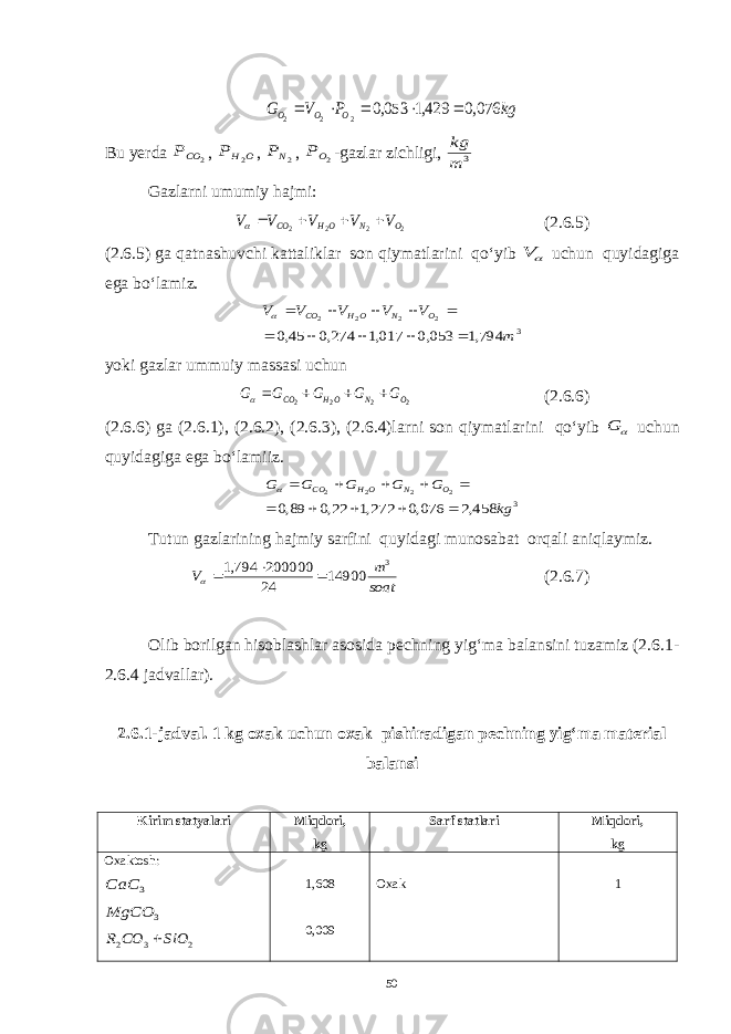 kg P V G O O O 076,0 429,1 053,0 2 2 2     Bu y erda 2 СОР , O HР 2 , 2NР , 2ОР -gazlar zichligi, 3 m kg Gazlarni umumiy hajmi: 2 2 2 2 O N OH CO V V V V V     (2.6.5) (2.6.5) ga qatnashuvchi kattaliklar son qiymatlarini qo‘yib  V uchun quyidagiga ega bo‘lamiz. 3 794,1 053,0 017,1 274,0 45,0 2 2 2 2 m V V V V V O N OH CO            yoki gazlar ummuiy massasi uchun 2 2 2 2 O N OH CO G G G G G     (2.6.6) (2.6.6) ga (2.6.1), (2.6.2), (2.6.3), (2.6.4)larni son qiymatlarini qo‘yib  G uchun quyidagiga ega bo‘lamiiz. 3 458,2 076,0 272,1 22,0 89,0 2 2 2 2 kg G G G G G O N OH CO            Tutun gazlarining hajmiy sarfini quyidagi munosabat orqali aniqlaymiz. soat m V 3 14900 24 200000 794,1    (2.6.7) Olib borilgan hisoblashlar asosida pechning yig‘ma balansini tuzamiz (2.6.1- 2.6.4 jadvallar). 2.6.1-jadval. 1 kg oxak uchun oxak pishiradigan pechning yig‘ma material balansi Kirim statyalari Miqdori, kg Sarf statlari Miqdori, kg Oxaktosh: 3 СаС 3 MgCO 2 3 2 SiO CO R  1,608 0,009 Oxak 1 50 