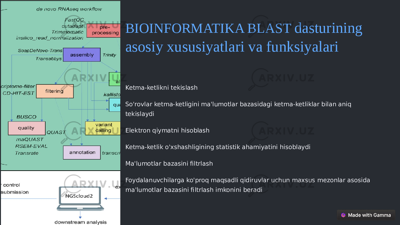 BIOINFORMATIKA BLAST dasturining asosiy xususiyatlari va funksiyalari Ketma-ketlikni tekislash So&#39;rovlar ketma-ketligini ma&#39;lumotlar bazasidagi ketma-ketliklar bilan aniq tekislaydi Elektron qiymatni hisoblash Ketma-ketlik o&#39;xshashligining statistik ahamiyatini hisoblaydi Ma&#39;lumotlar bazasini filtrlash Foydalanuvchilarga ko&#39;proq maqsadli qidiruvlar uchun maxsus mezonlar asosida ma&#39;lumotlar bazasini filtrlash imkonini beradi 