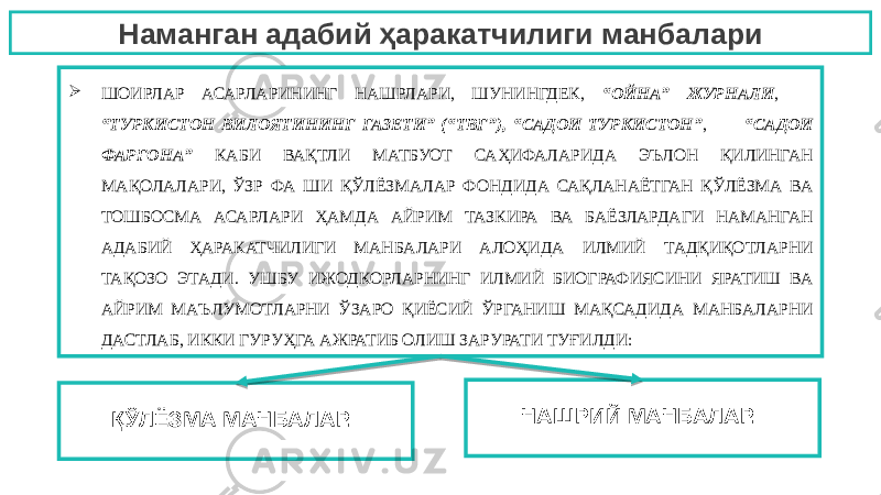 Наманган адабий ҳаракатчилиги манбалари  ШОИРЛАР АСАРЛАРИНИНГ НАШРЛАРИ, ШУНИНГДЕК, “ОЙНА” ЖУРНАЛИ , “ТУРКИСТОН ВИЛОЯТИНИНГ ГАЗЕТИ” (“ТВГ”), “САДОИ ТУРКИСТОН” , “САДОИ ФАРҒОНА” КАБИ ВАҚТЛИ МАТБУОТ САҲИФАЛАРИДА ЭЪЛОН ҚИЛИНГАН МАҚОЛАЛАРИ, ЎЗР ФА ШИ ҚЎЛЁЗМАЛАР ФОНДИДА САҚЛАНАЁТГАН ҚЎЛЁЗМА ВА ТОШБОСМА АСАРЛАРИ ҲАМДА АЙРИМ ТАЗКИРА ВА БАЁЗЛАРДАГИ НАМАНГАН АДАБИЙ ҲАРАКАТЧИЛИГИ МАНБАЛАРИ АЛОҲИДА ИЛМИЙ ТАДҚИҚОТЛАРНИ ТАҚОЗО ЭТАДИ. УШБУ ИЖОДКОРЛАРНИНГ ИЛМИЙ БИОГРАФИЯСИНИ ЯРАТИШ ВА АЙРИМ МАЪЛУМОТЛАРНИ ЎЗАРО ҚИЁСИЙ ЎРГАНИШ МАҚСАДИДА МАНБАЛАРНИ ДАСТЛАБ, ИККИ ГУРУҲГА АЖРАТИБ ОЛИШ ЗАРУРАТИ ТУҒИЛДИ: ҚЎЛЁЗМА МАНБАЛАР. НАШРИЙ МАНБАЛАР. 